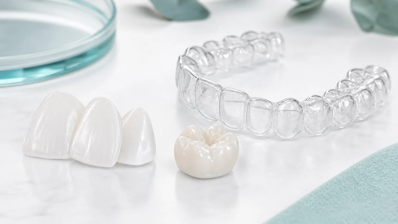 Porcelain veneers, ceramic crown, and clear aligner used in cosmetic dentistry