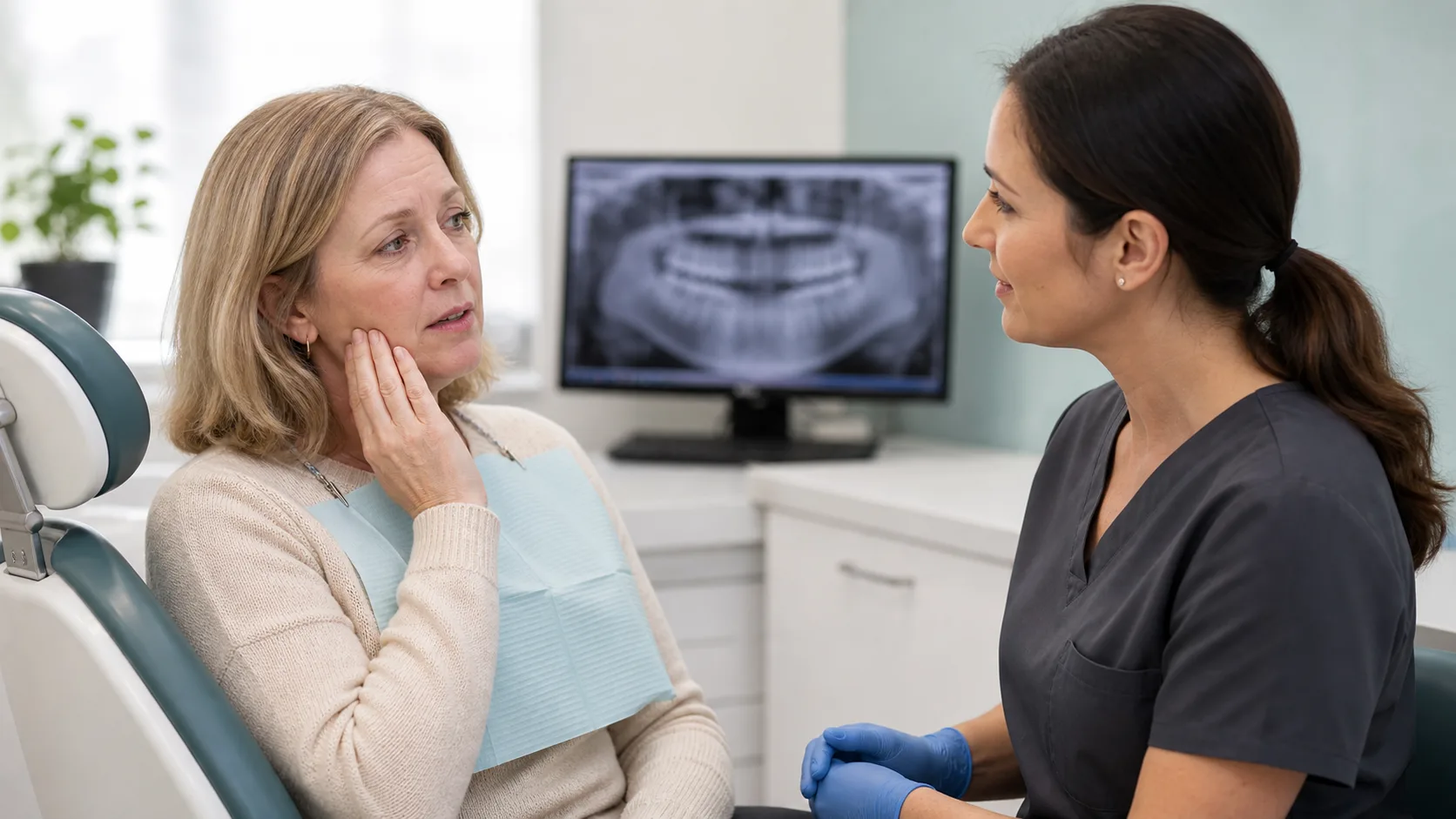 Patient discussing urgent tooth pain with a dental team member