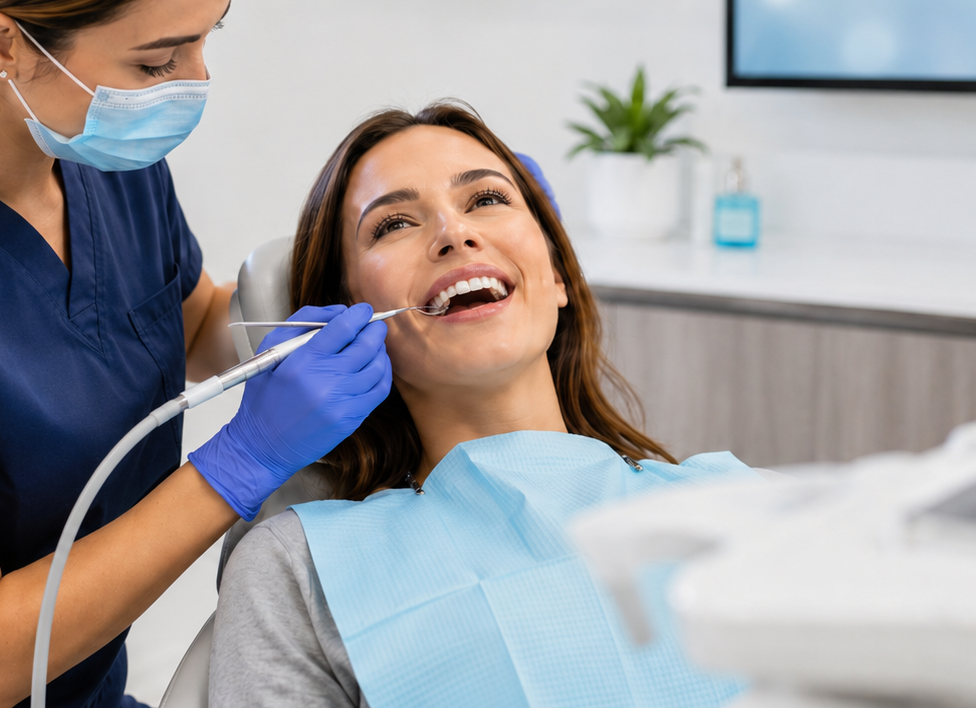 Dental cleaning appointment with a patient in the chair