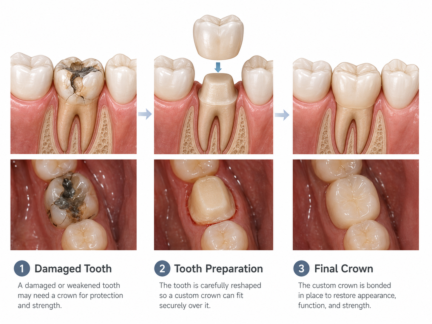 Dental crown restoration used to protect a damaged tooth