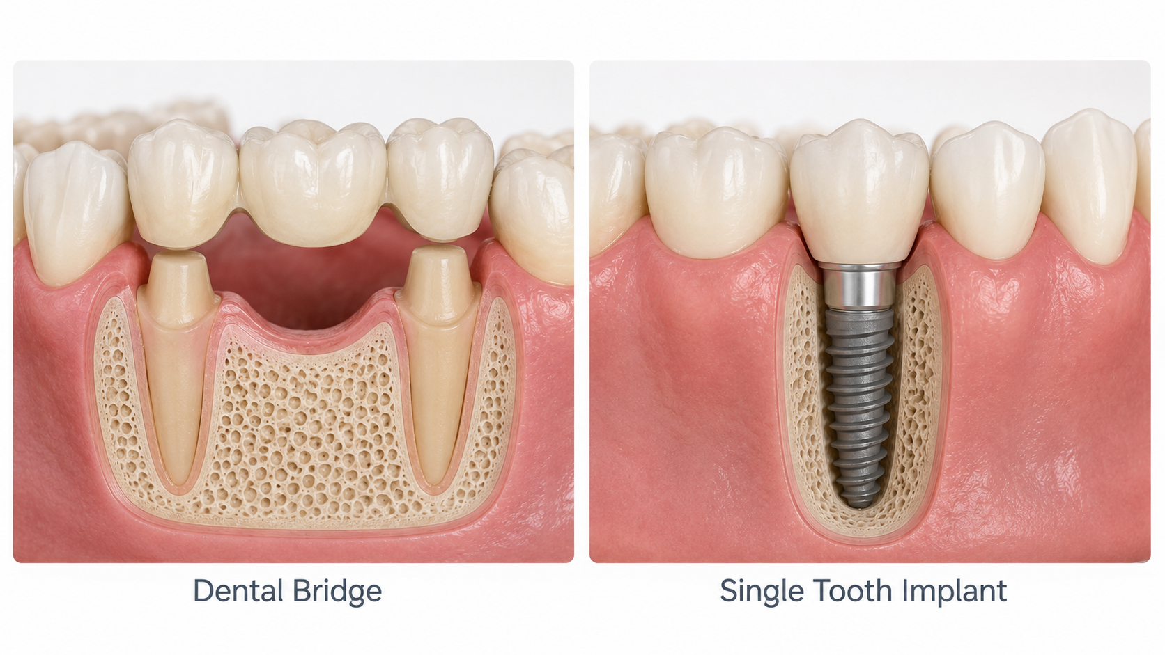 Dental implant compared with a traditional dental bridge