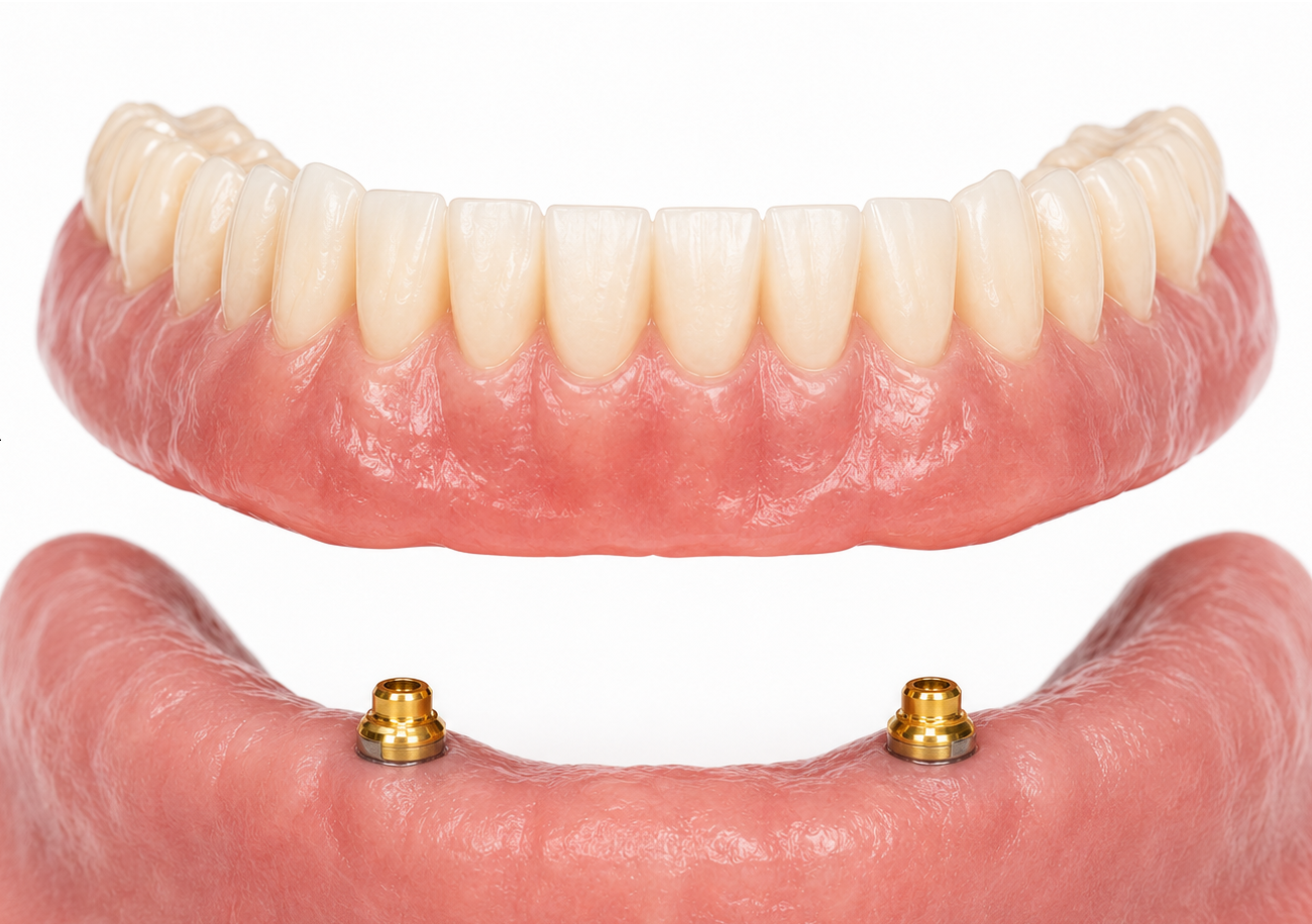 Snap-on implant denture attached to dental implants