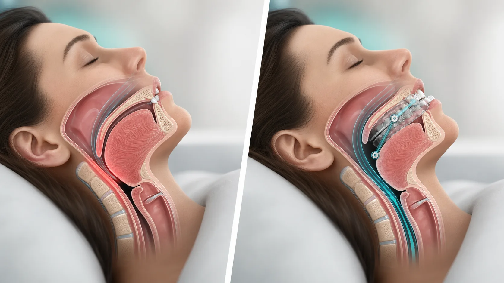 Illustration of a restricted airway improved by mandibular advancement oral appliance